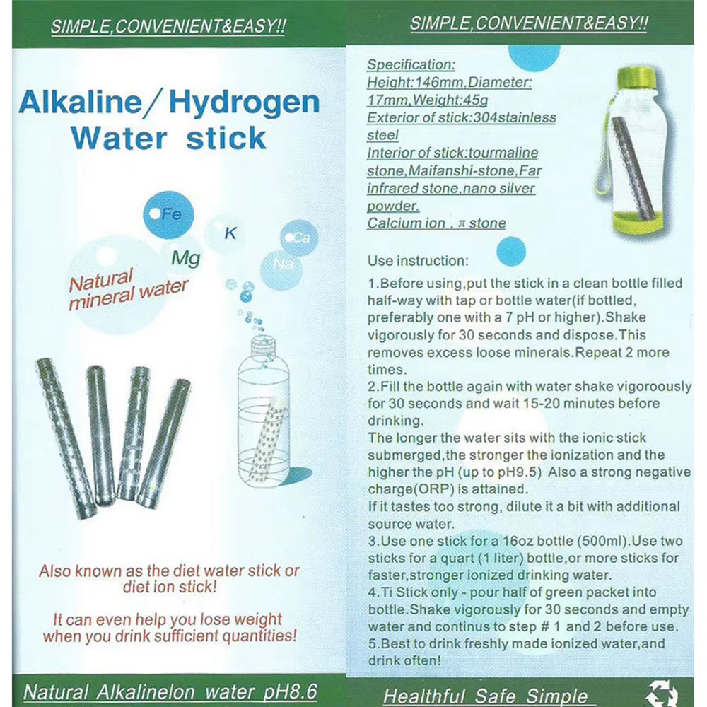 Alkaline Water Stick Hydrogen Negative Ion Water Drinking Ionizer PH Minerals Wand Purifier Filter Treatments Massager