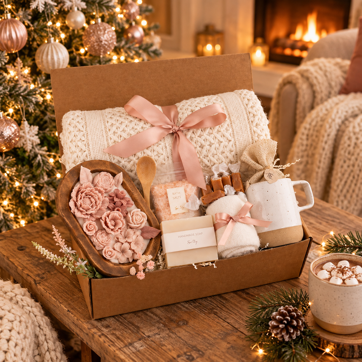 Pink Floral & Wood Wick Candle Gift Box