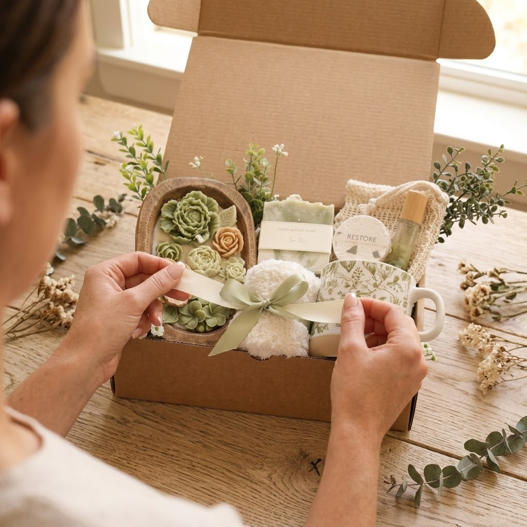 Green Floral & Wood Wick Candle Gift Box
