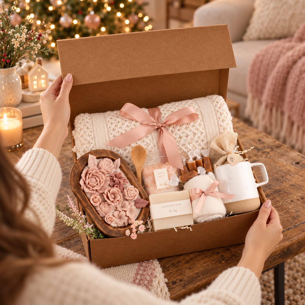 Pink Floral & Wood Wick Candle Gift Box