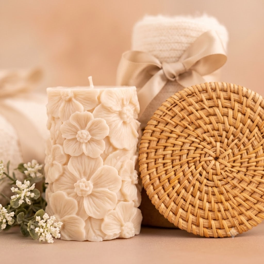 White Pillar Floral Candle Gift Box