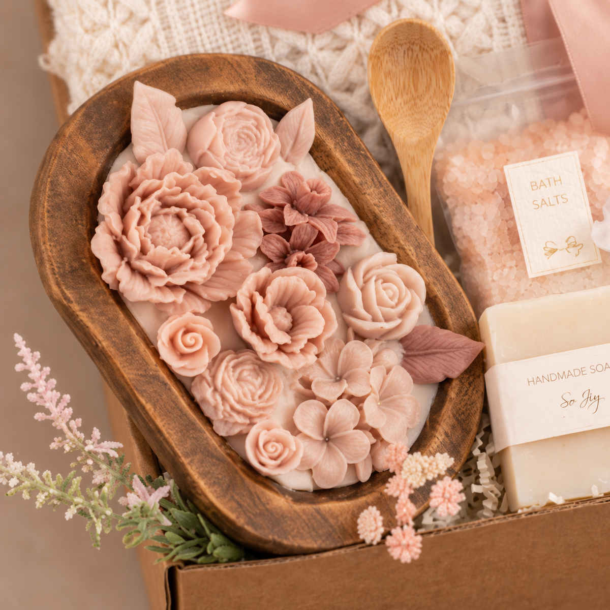 Pink Floral & Wood Wick Candle Gift Box