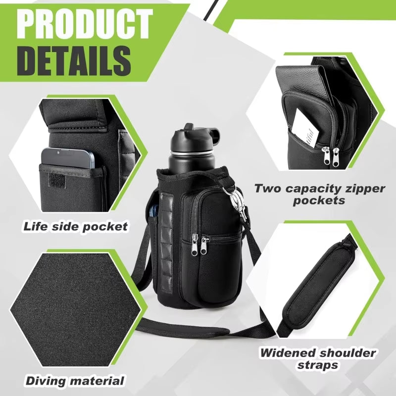 Magnetic Water Bottle Holder Gym Water Bottle Carrier Bag W/ Phone Pocket Handle Shoulder Strap 6 Built-In Magnets Water Bottle