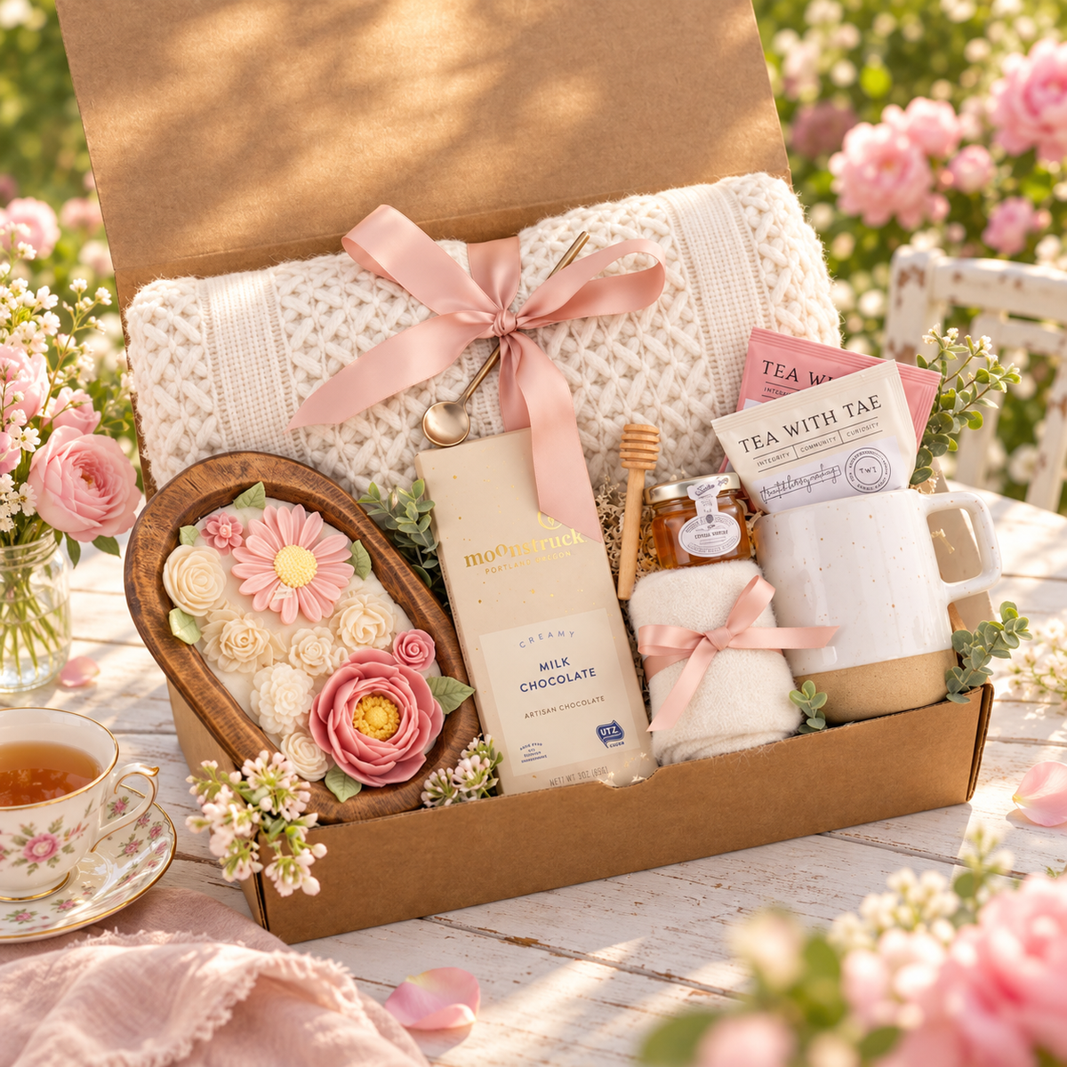 Floral & Wood Wick Candle Gift Box - Pink