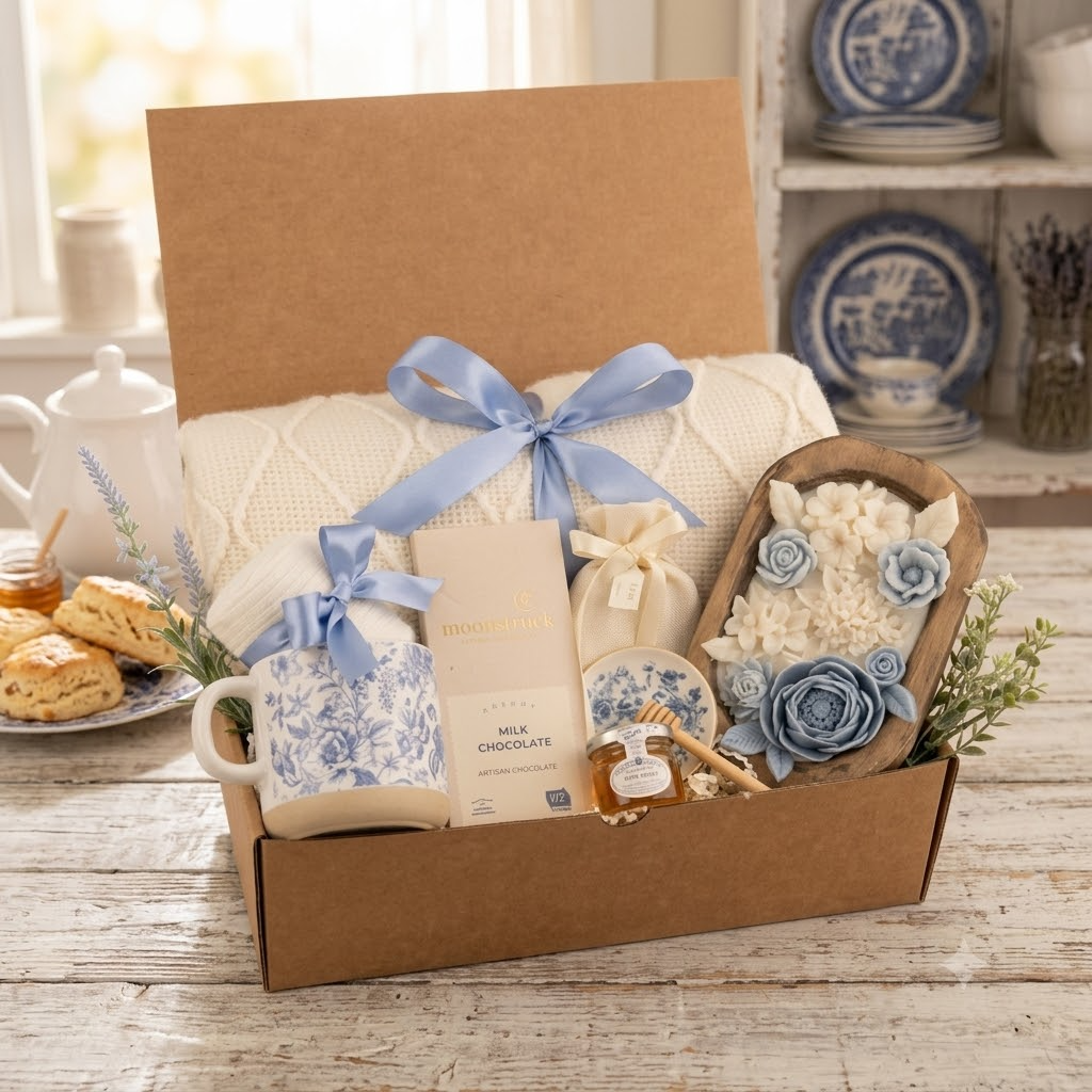 Blue Toile & Wood Wick Candle Gift Box