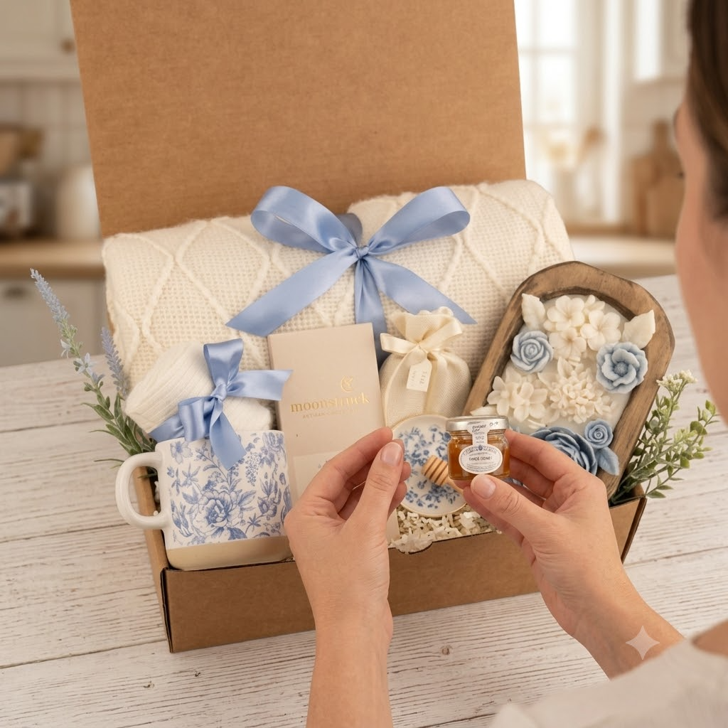 Blue Toile & Wood Wick Candle Gift Box