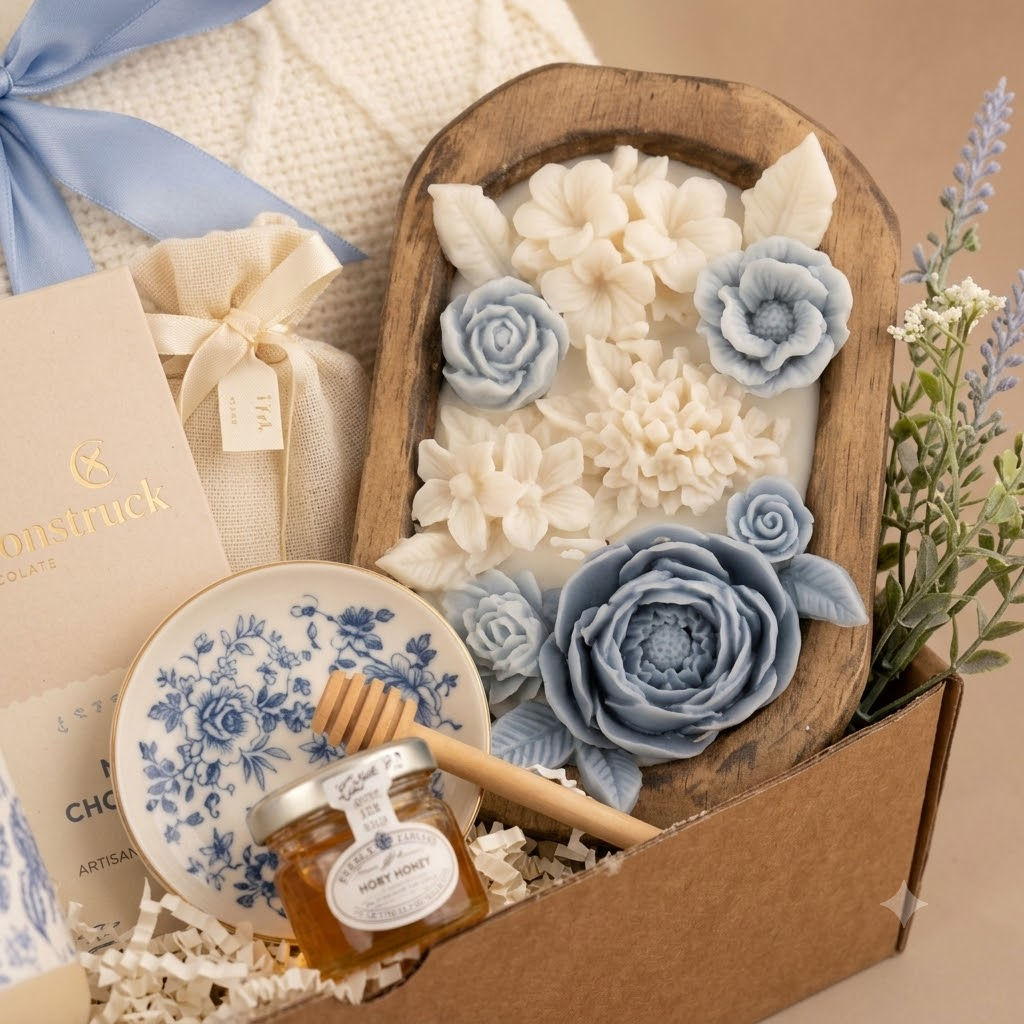 Blue Toile & Wood Wick Candle Gift Box