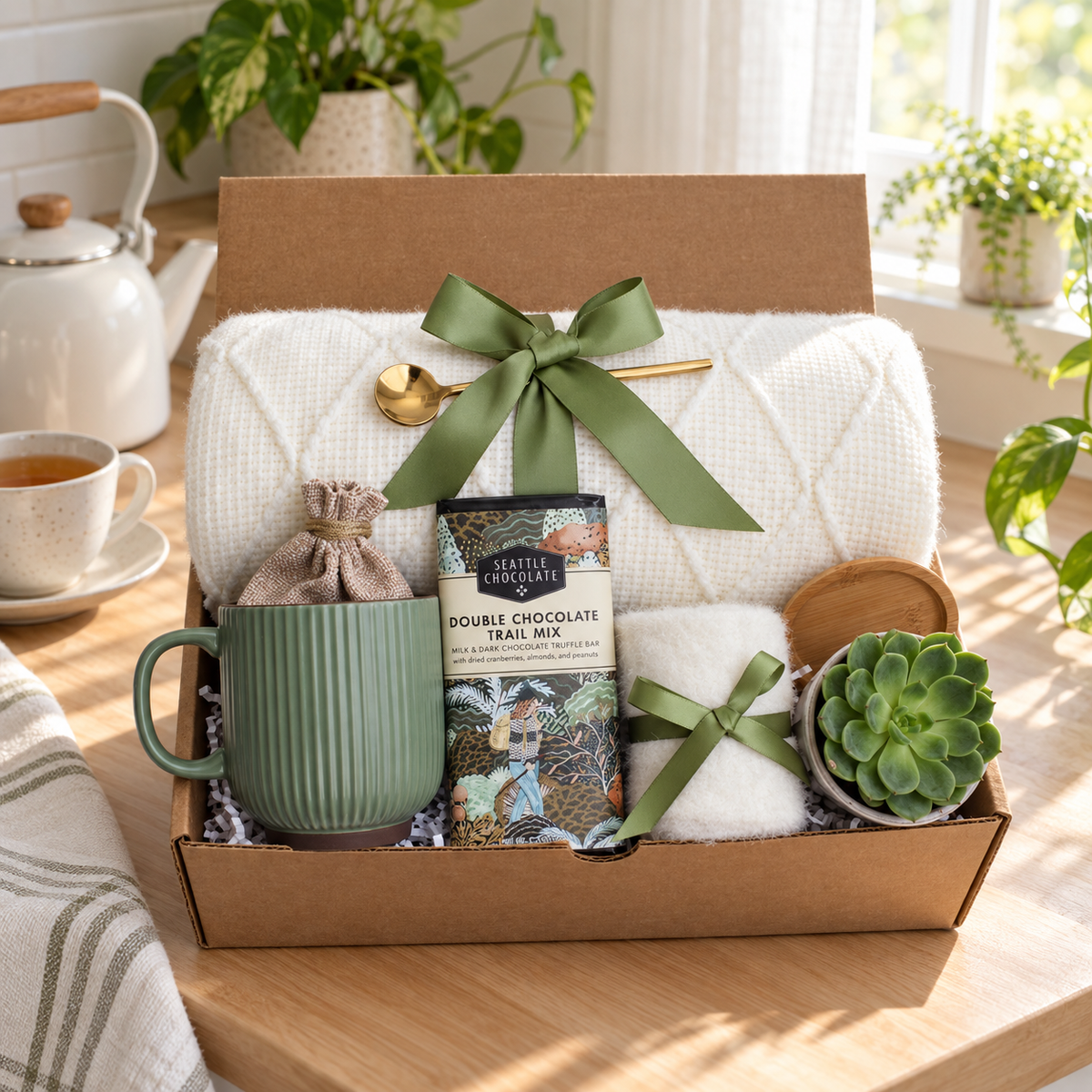 Green Ribbed Mug, Chocolate & Succulent Gift Box