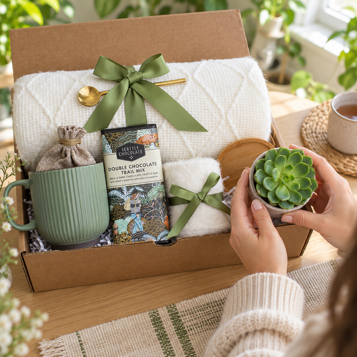 Green Ribbed Mug, Chocolate & Succulent Gift Box